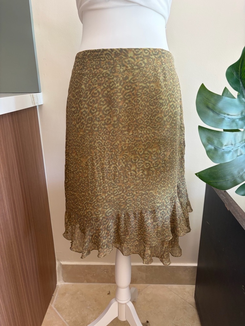 Vintage Olive and Brown Leopard Print Midi Skirt